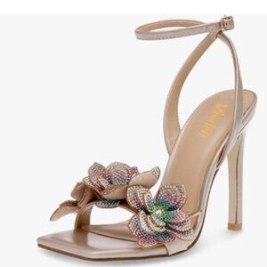 miss left Champagne Rhinestones Stiletto Heel with Strap Buckle Flower Sandals